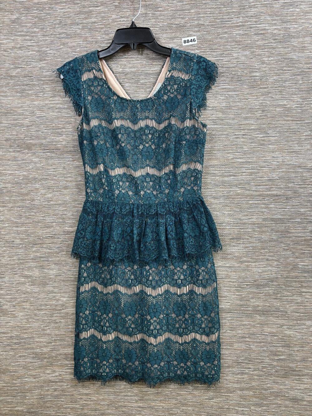 Maeve Anthropologie Elsa Peplum Sheath Dress Womens Sz XS Teal Lace Cap Sleeve